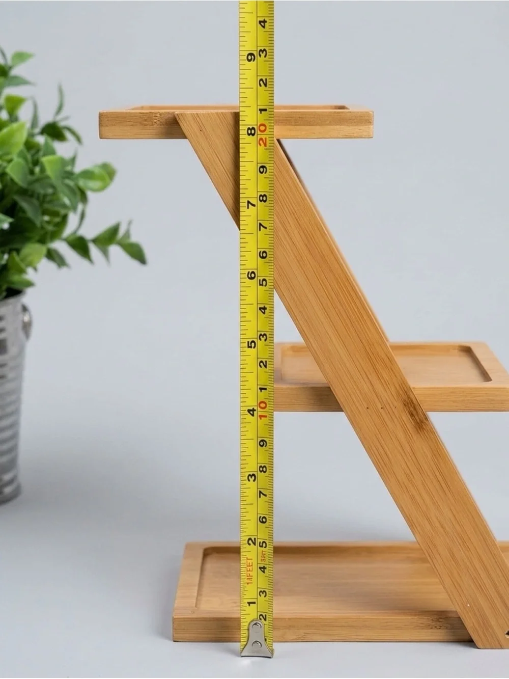 Three Tiered Bamboo Plant Stand with 3 Mini Ceramic Pots Minimalist Hygge Decor